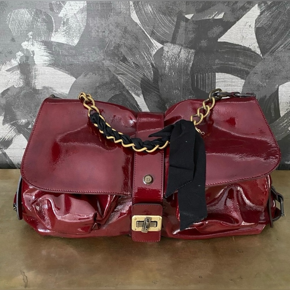 Vintage Lanvin Patent Leather Oxblood Flap Bag With Ribbon Chain Strap Flaws